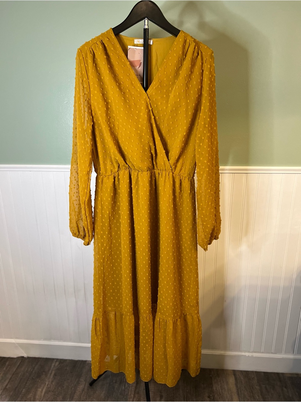 NEW- Kirundo Swiss Dot Mustard Yellow Long-Sleeve Wrap Maxi Dress. Size L